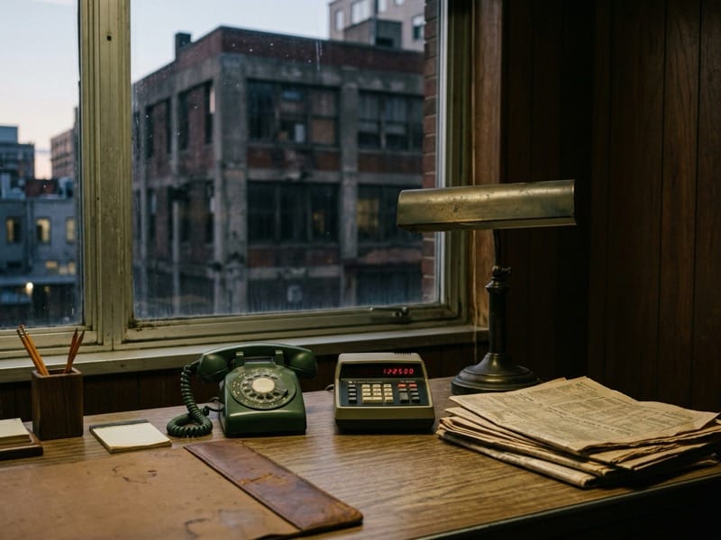 A 1970s office desk with a rotary phone, calculator and old financial newspapers