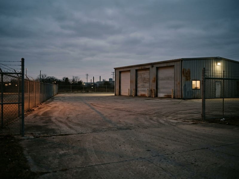 Paved industrial outdoor storage yard with a three-bay steel maintenance shop at dusk