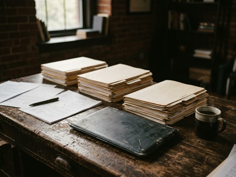 Stacks of labeled file folders, a laptop and coffee on a wooden desk
