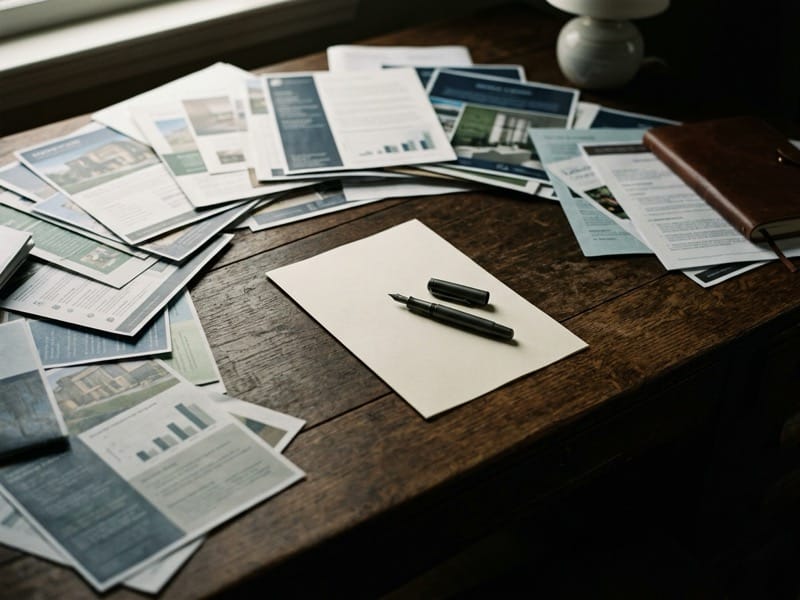 Property flyers spread across a desk with one page set apart and a pen